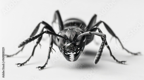 Macro close up of an ant's head with mandibles and compound eyes in sharp focus. photo