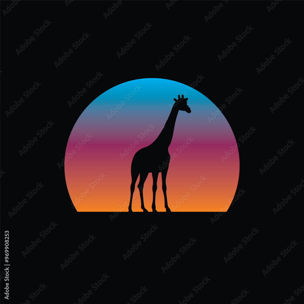 Fototapeta premium Giraffe silhouette against a striped retro sunset. Original vector illustration in vintage style isolated on light background. T-shirt design.