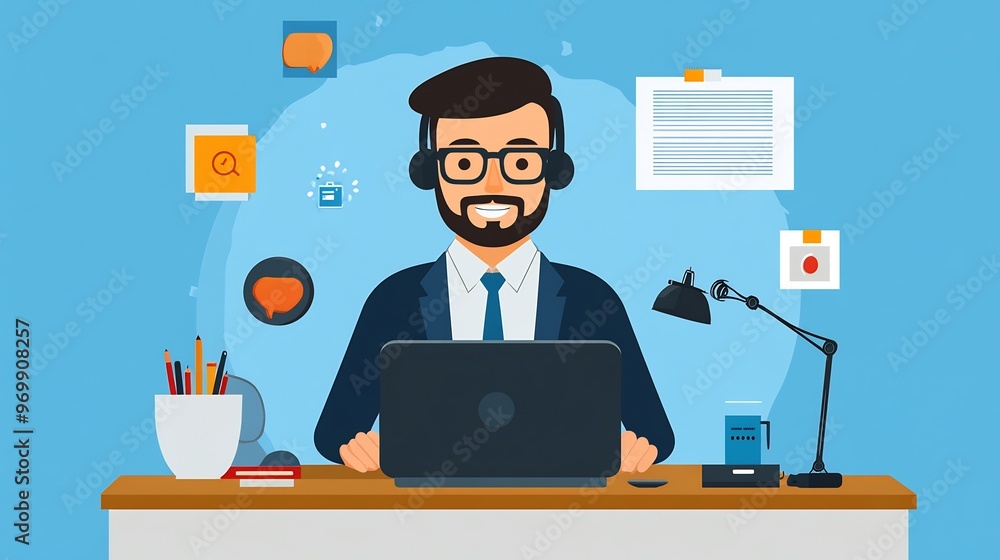 Happy businessman working at his desk, smiling and wearing a headset. Happy businessman working at his desk, smiling and wearing a headset.