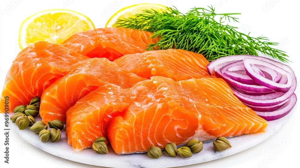 Salmon, Onion, Fennel on White Plate with Lemon and Dill Salmon, Onion, Fennel on White Plate with Lemon and Dill