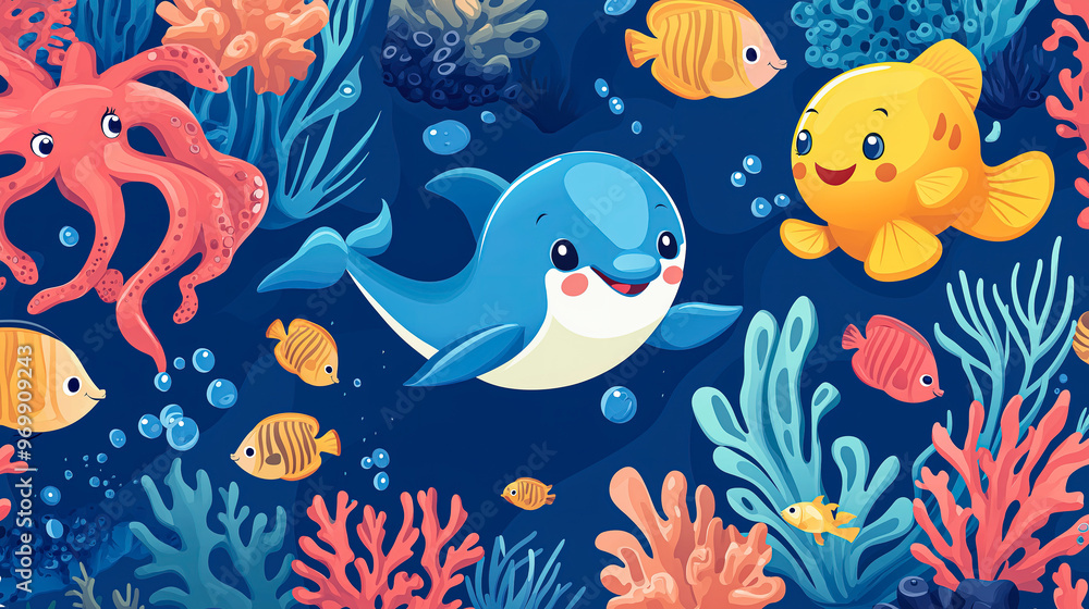 Adorable sea creatures featuring happy dolphins, cheerful octopuses, and friendly fish swimming amidst vibrant corals in a charming kawaii character cartoon vector illustration. for children's product Adorable sea creatures featuring happy dolphins, cheerful octopuses, and friendly fish swimming amidst vibrant corals in a charming kawaii character cartoon vector illustration. for children's product
