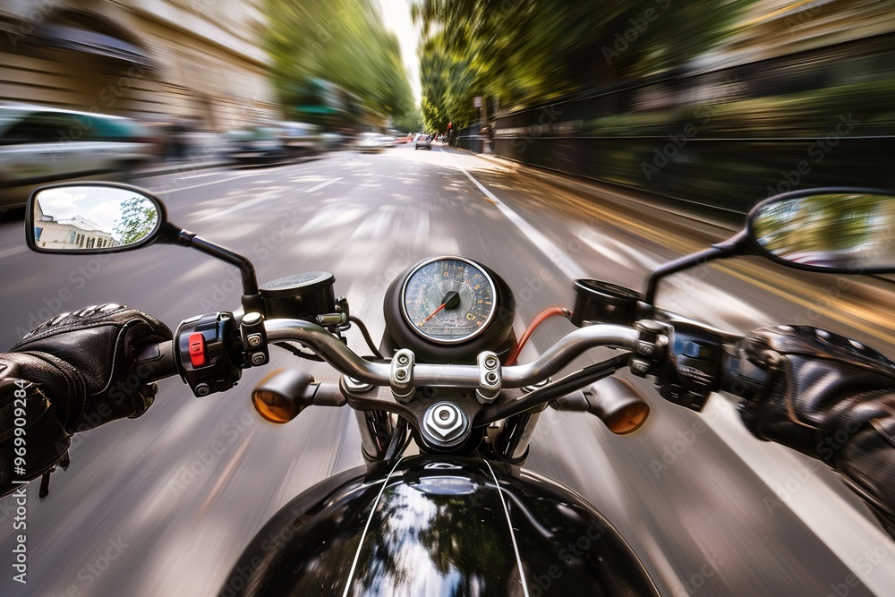 Fototapeta premium A man is riding a motorcycle on a road with the sun shining on him,