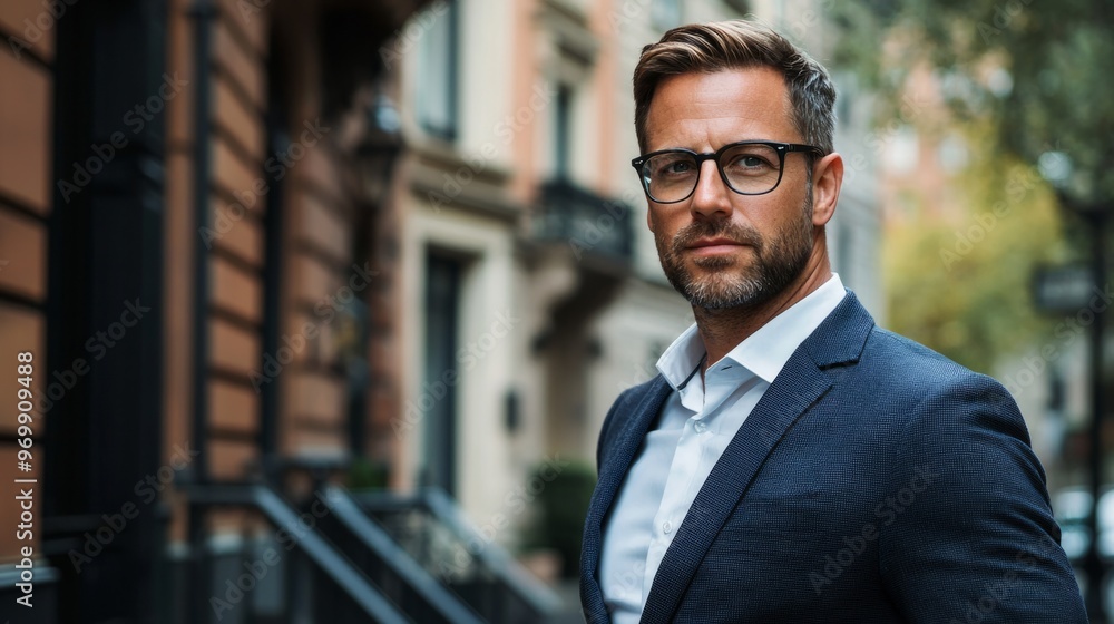 Confident business man in glasses and suit using tablet outdoors with modern office building in background. Concept of professional success, technology, and business lifestyle. Confident business man in glasses and suit using tablet outdoors with modern office building in background. Concept of professional success, technology, and business lifestyle.