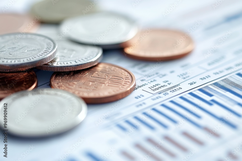 Close-up of coins and financial documents, representing an array of options for corporate budgeting with clear lines showing cash flow Generative AI Close-up of coins and financial documents, representing an array of options for corporate budgeting with clear lines showing cash flow Generative AI