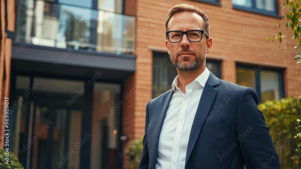 Fototapeta premium Confident business man in glasses and suit using tablet outdoors with modern office building in background. Concept of professional success, technology, and business lifestyle.