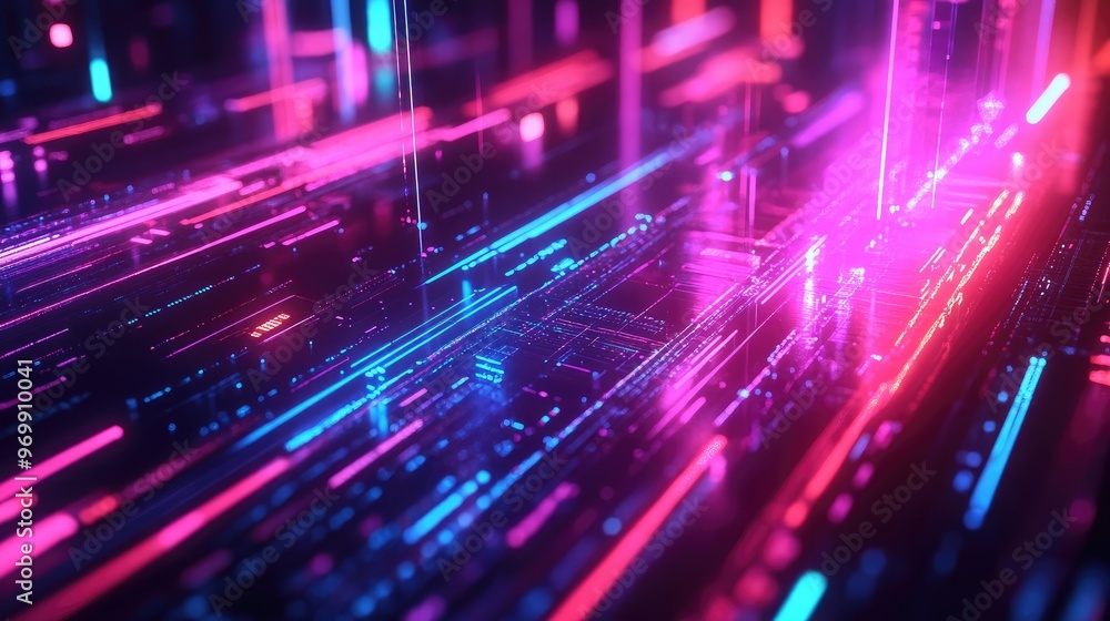 Abstract neon lines and glowing circuit board. Abstract neon lines and glowing circuit board.