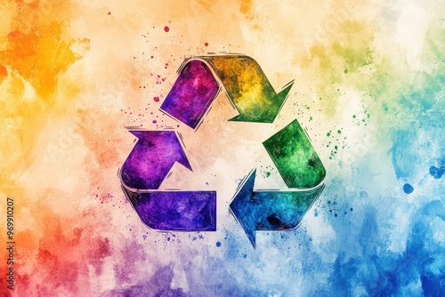 hand-drawn recycle symbol amid vibrant abstract backdrop, representing environmental conservation and sustainability efforts photo