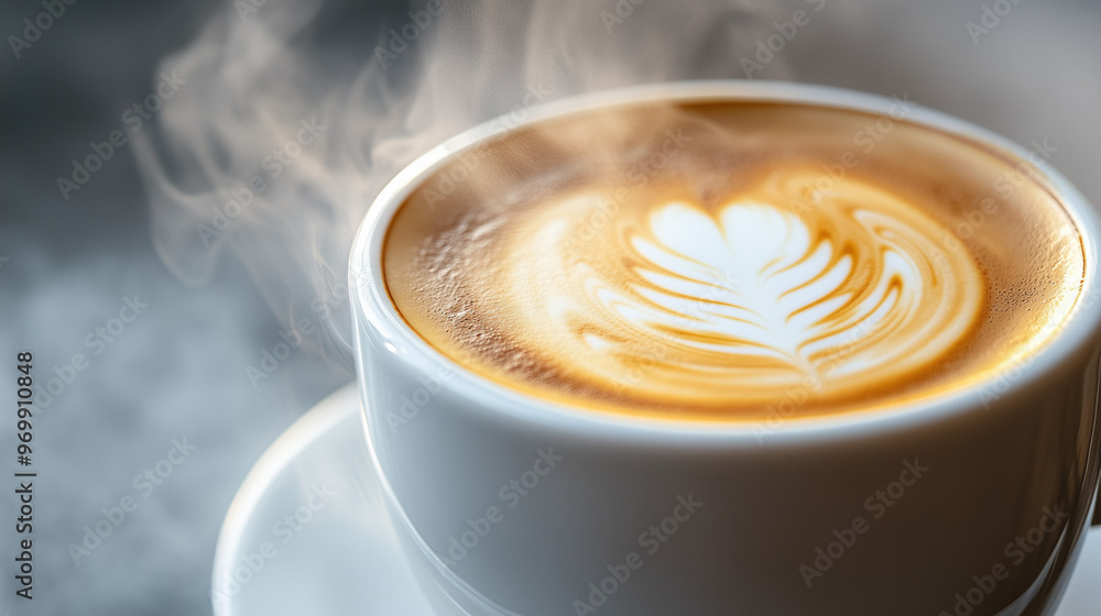 Close-up of a steaming cup of latte with intricate leaf-shaped latte art on a white saucer in a cozy atmosphere. Close-up of a steaming cup of latte with intricate leaf-shaped latte art on a white saucer in a cozy atmosphere.