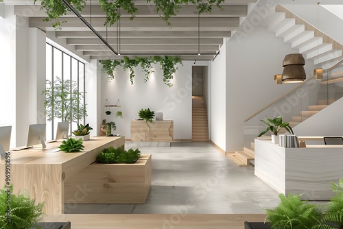 Modern office environment featuring wooden desks, light gray walls, and white ceilings. Green plants on desks and a staircase to the second floor enhance the design. photo