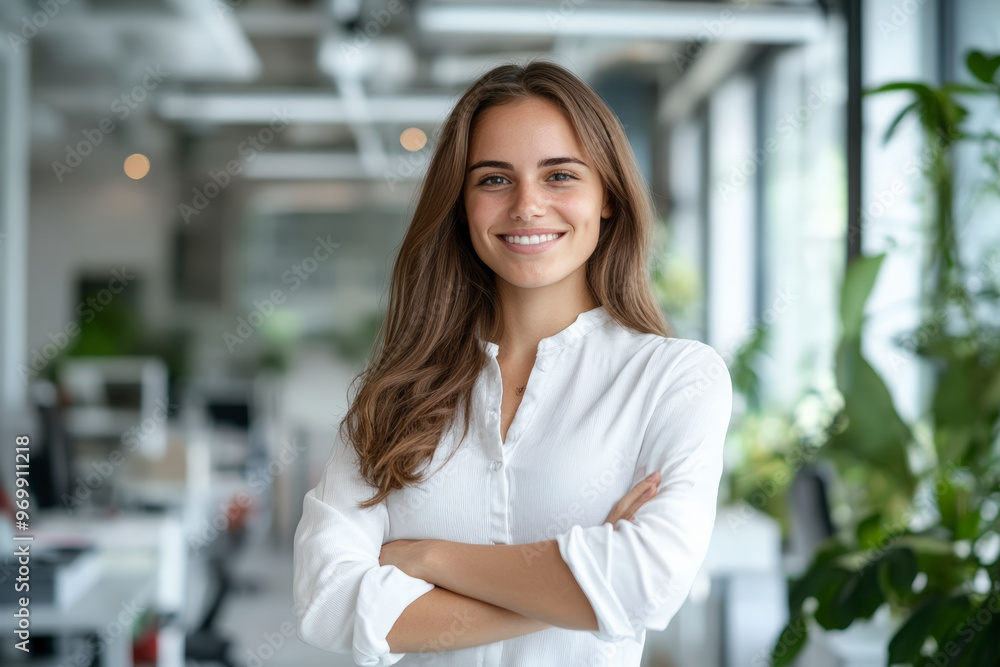 A woman standing in an office environment smiles confidently with her arms crossed, exuding professionalism and positivity. A woman standing in an office environment smiles confidently with her arms crossed, exuding professionalism and positivity.