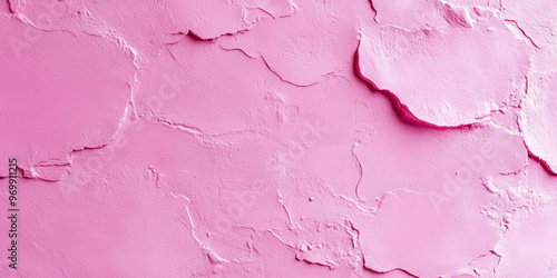 Close-up of a textured pink wall with peeling paint, revealing various abstract shapes and layers. photo