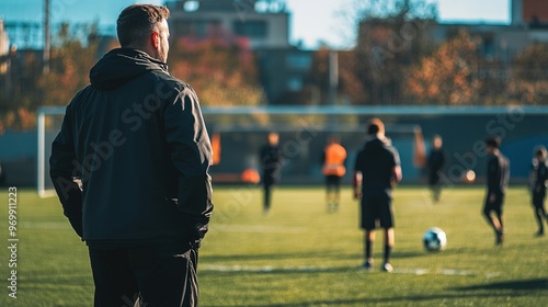 A coach demonstrating a tactical play on the field during a live session at a football tactics workshop photo