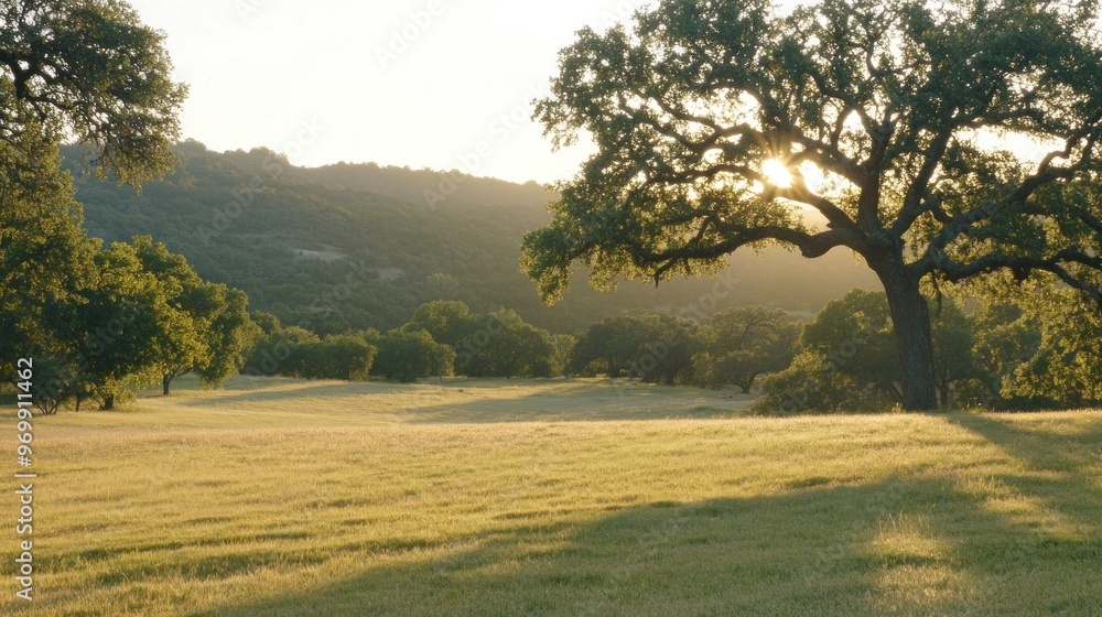 Fototapeta premium A Large Oak Tree Silhouetted Against the Setting Sun Over a Grassy Field
