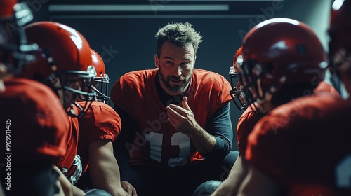 A coach giving a pep talk to an amateur football team in the locker room before the game