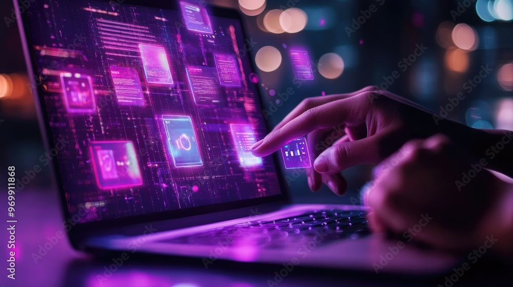 Person using laptop with digital interface. Person using laptop with digital interface.