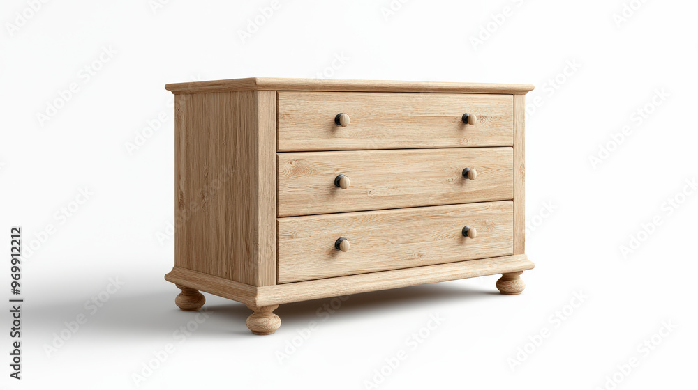 A simple, light wood, three-drawer dresser with round, wooden knobs, placed on a white background. A simple, light wood, three-drawer dresser with round, wooden knobs, placed on a white background.