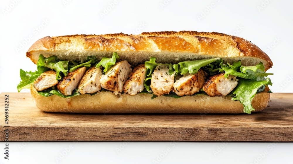 Grilled Chicken Sandwich on a Wooden Board, White Background, Food Photography, Delicious, Lunch, Fast Food, Healthy Grilled Chicken Sandwich on a Wooden Board, White Background, Food Photography, Delicious, Lunch, Fast Food, Healthy