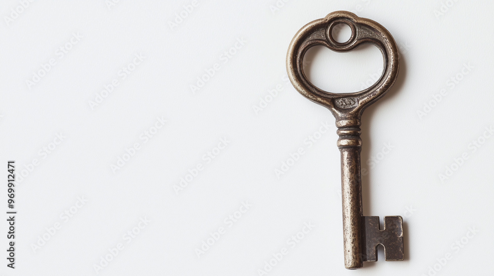 An antique brass skeleton key with a white background, showcasing its intricate design and vintage appeal. An antique brass skeleton key with a white background, showcasing its intricate design and vintage appeal.