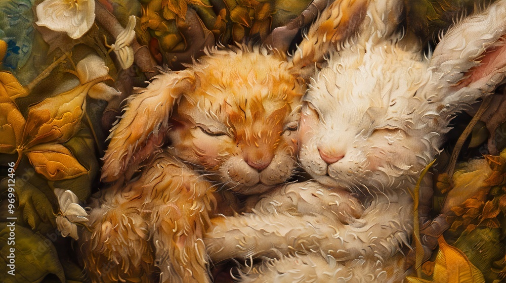 Two Adorable Bunnies Sleeping Together in a Nest of Leaves Two Adorable Bunnies Sleeping Together in a Nest of Leaves