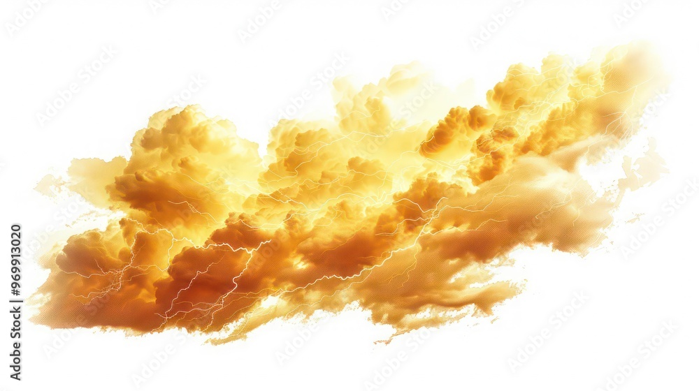 Abstract golden cloud with lightning bolts isolated on white background.