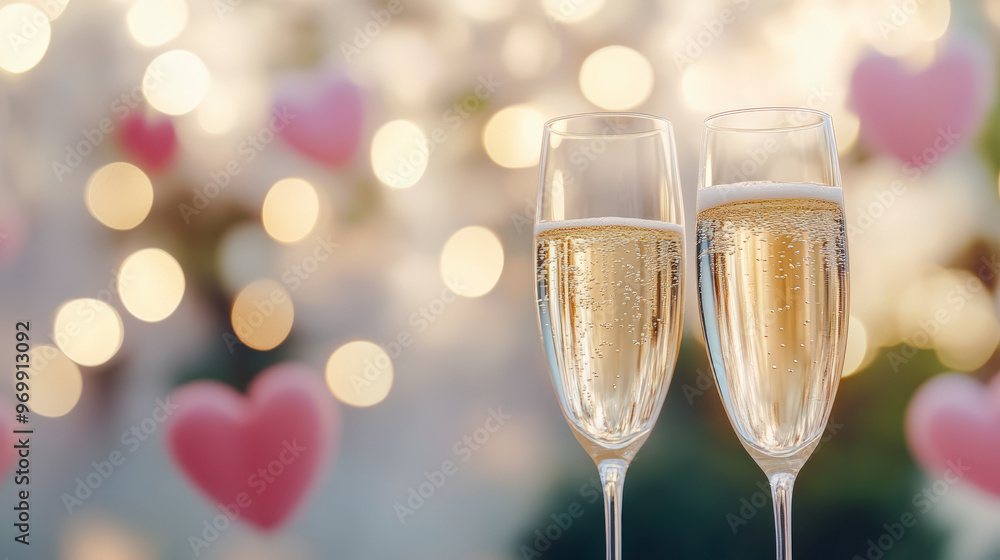Two glasses of champagne against a backdrop of heart-shaped decorations and blurred lights, conveying a romantic atmosphere. Two glasses of champagne against a backdrop of heart-shaped decorations and blurred lights, conveying a romantic atmosphere.