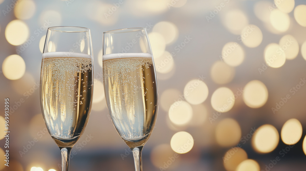 Two glasses of champagne are filled and ready for a toast against a backdrop of soft, golden bokeh lights. Two glasses of champagne are filled and ready for a toast against a backdrop of soft, golden bokeh lights.