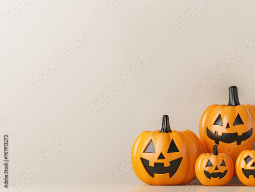 A charming collection of carved pumpkins with joyful expressions, perfect for Halloween decorations and autumn festivities. photo