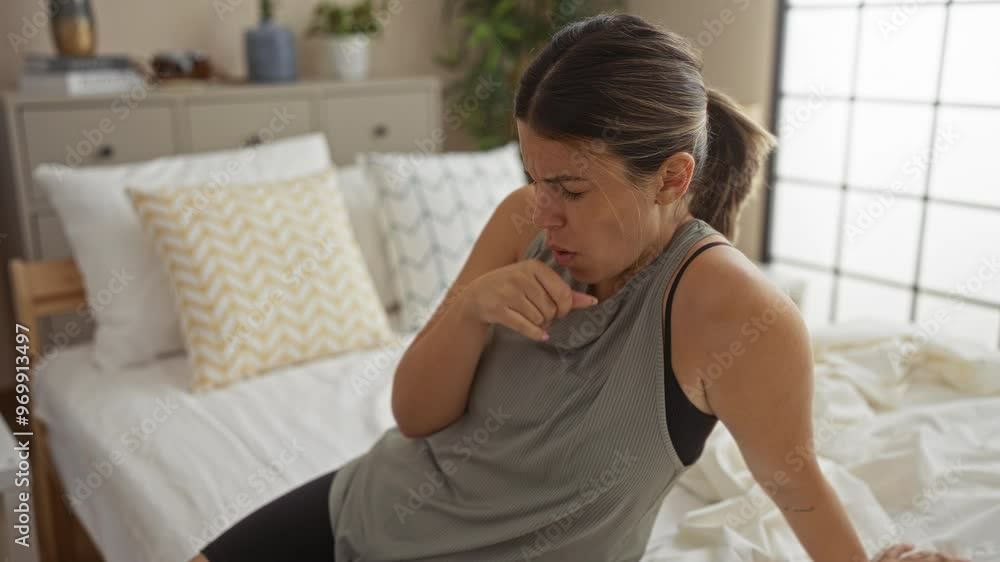 Woman coughing in bedroom while sitting on bed surrounded by pillows highlighting her discomfort indoors at home Woman coughing in bedroom while sitting on bed surrounded by pillows highlighting her discomfort indoors at home