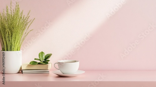 Wallpaper Mural Minimalist Still Life with Cup, Books, and Plants on Pink Shelf, Minimalism, Still Life, Pink Shelf Torontodigital.ca