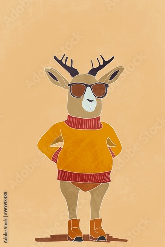 Stylish deer dressed in winter clothes on beige background photo