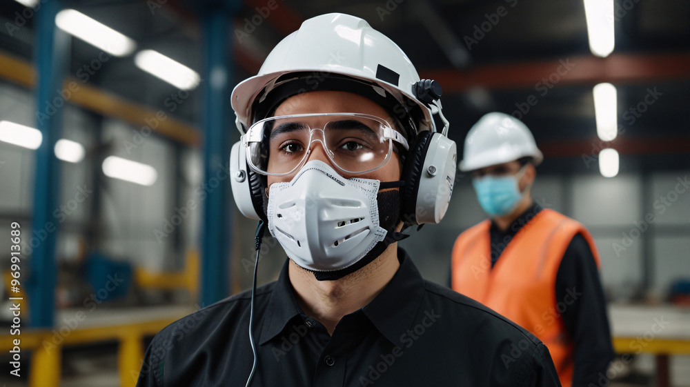 employee gentleman worker industry factory engineer wears helmet mask headphone in warehouse tone white employee gentleman worker industry factory engineer wears helmet mask headphone in warehouse tone white