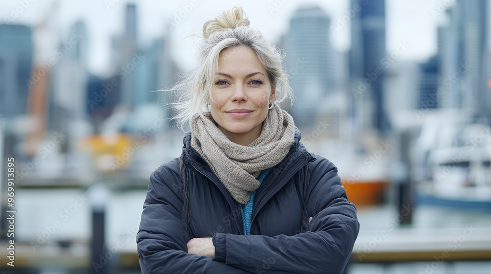 Woman in winter attire smiles confidently with a blurred cityscape and harbor in the background. Woman in winter attire smiles confidently with a blurred cityscape and harbor in the background.
