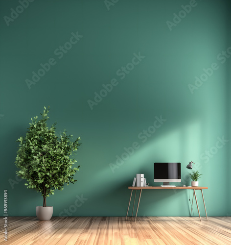 minimalistic home workplace: desk, computer, office supplies & plants on mint background; copy space photo