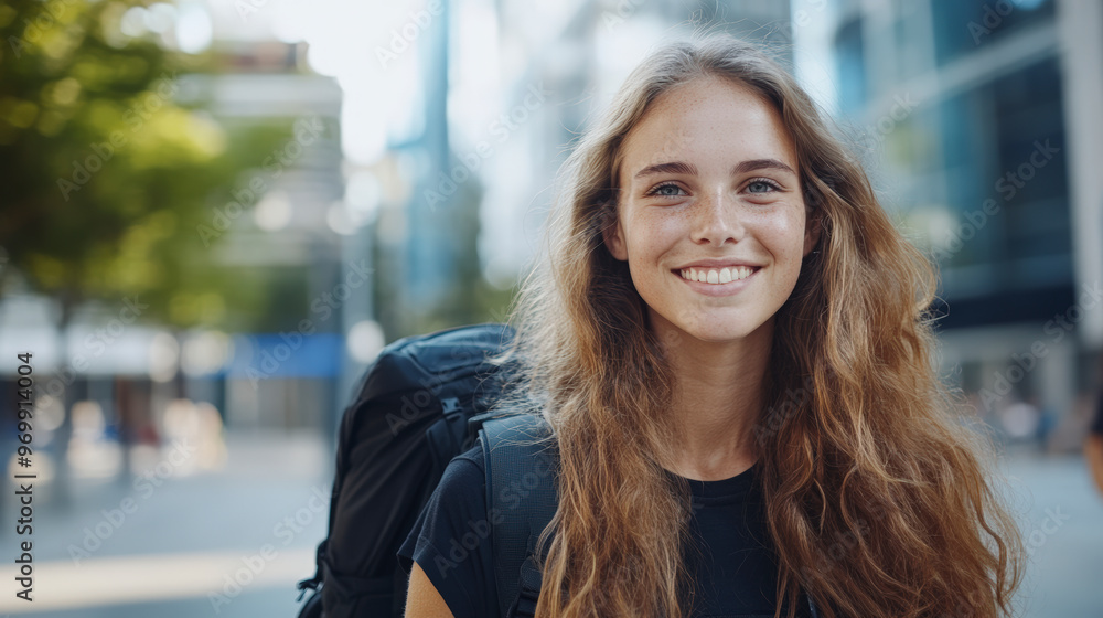 A young woman with a backpack smiles warmly in an urban setting, suggesting she is a traveler or commuter enjoying her day in the city. A young woman with a backpack smiles warmly in an urban setting, suggesting she is a traveler or commuter enjoying her day in the city.