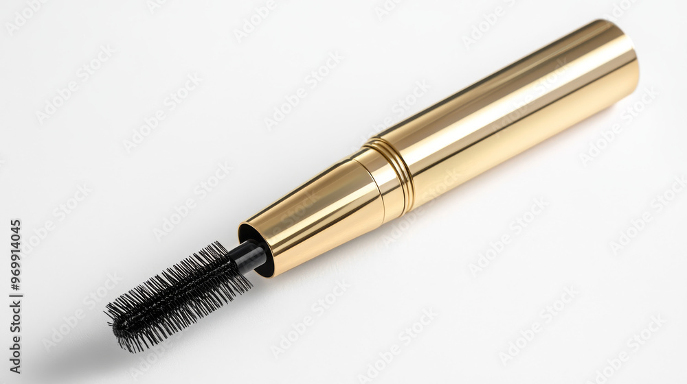 Illustrate a compact, travel-friendly version of the mascara. Show the product in a small, convenient container or makeup bag, emphasizing its portability and ease of use on the go. Illustrate a compact, travel-friendly version of the mascara. Show the product in a small, convenient container or makeup bag, emphasizing its portability and ease of use on the go.
