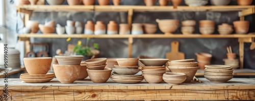 Set of clay dishes and crafting tools on a rustic workbench, evoking handmade craftsmanship. Free copy space for banner.