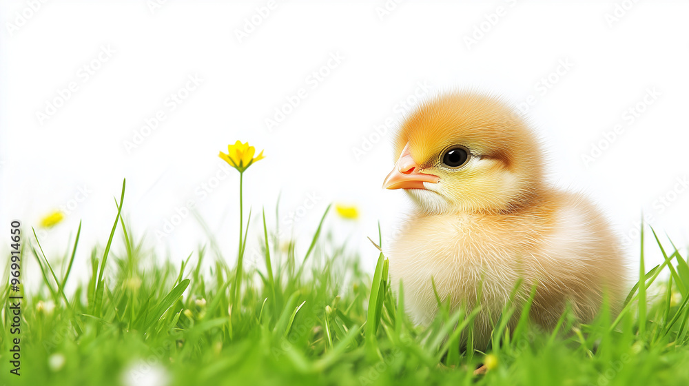 A fluffy baby chick standing in vibrant green grass with small yellow flowers, against a white background, capturing the essence of spring. A fluffy baby chick standing in vibrant green grass with small yellow flowers, against a white background, capturing the essence of spring.