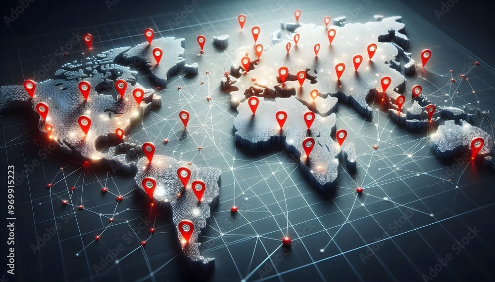 World Map Illustration with Pins and Connection Paths - Detailed Map with Location Markers and Network Lines World Map Illustration with Pins and Connection Paths - Detailed Map with Location Markers and Network Lines