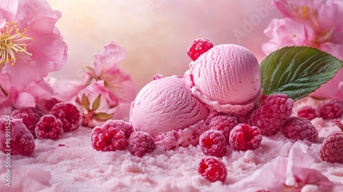 Pink Ice Cream Paradise with Frozen Raspberries and Cherry Blossoms, Ice Cream, Raspberry, Dessert