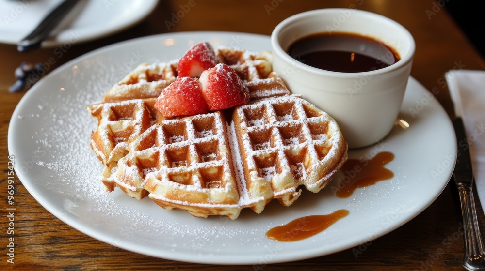 Powdered Sugar Waffle with Strawberries and Caramel Sauce, Breakfast, Dessert, Food Photography Powdered Sugar Waffle with Strawberries and Caramel Sauce, Breakfast, Dessert, Food Photography