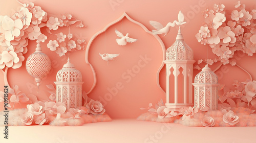 Paper art of a Ramadan Kareem background featuring intricate lanterns and decorations