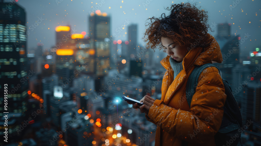 Fototapeta premium A person using the latest smartphone, with a dynamic cityscape in the background