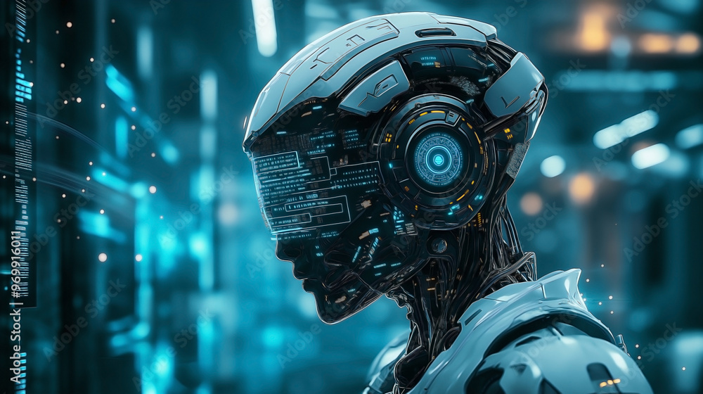 Fototapeta premium A futuristic humanoid representing digital artificial intelligence, symbolizing technological innovation and advancements in business. 