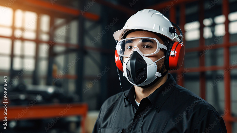 worker gentleman employee industry factory engineer wears helmet mask headphone in warehouse tone red worker gentleman employee industry factory engineer wears helmet mask headphone in warehouse tone red