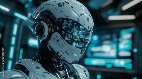 A futuristic humanoid representing digital artificial intelligence, symbolizing technological innovation and advancements in business. 