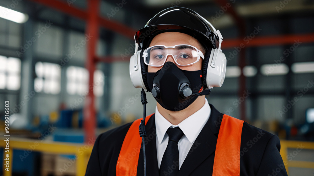 worker gentleman employee industry factory engineer wears helmet mask headphone in warehouse tone red worker gentleman employee industry factory engineer wears helmet mask headphone in warehouse tone red