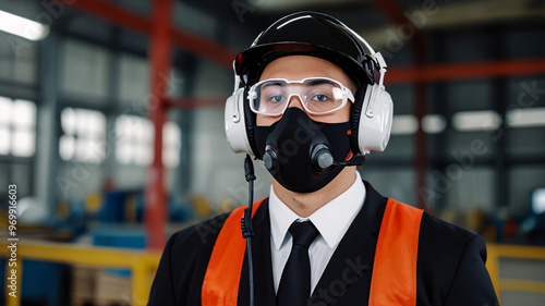worker gentleman employee industry factory engineer wears helmet mask headphone in warehouse tone red