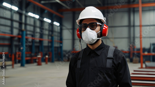 worker gentleman employee industry factory engineer wears helmet mask headphone in warehouse tone red