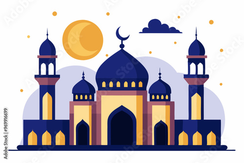 silhouette of the mosque. mosques silhouette vector illustration. A beautiful silhouette of a grand Islamic mosque with intricate minarets and domes, topped with a crescent moon