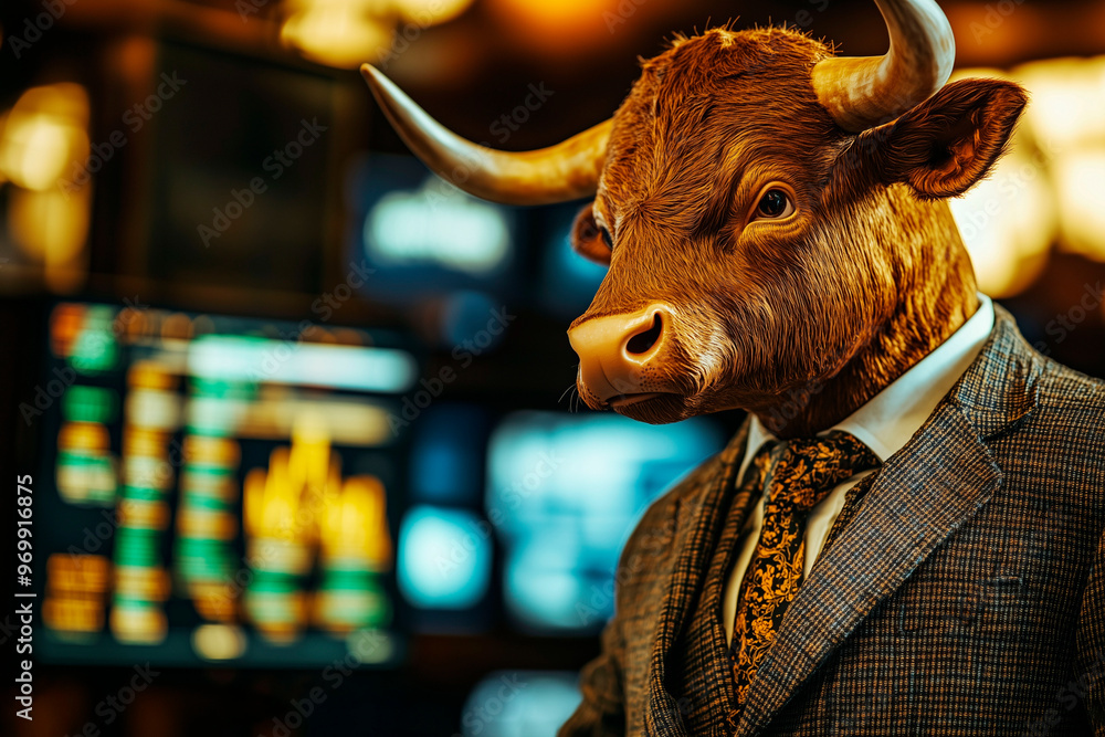 Bull in a suit standing in front of stock charts, symbolizing bullish market trends, financial growth, and leadership in business Bull in a suit standing in front of stock charts, symbolizing bullish market trends, financial growth, and leadership in business